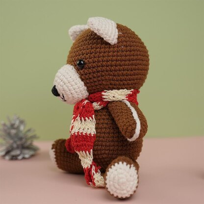 Brown Teddy Bear Wearing Red & White Christmas Scarf Plush Toy Crochet Pattern
