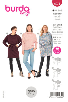 Burda Style Misses' Top, Dress with Loose Roll Neck Collar B6074 - Paper Pattern, Size 8-18 (34-44)