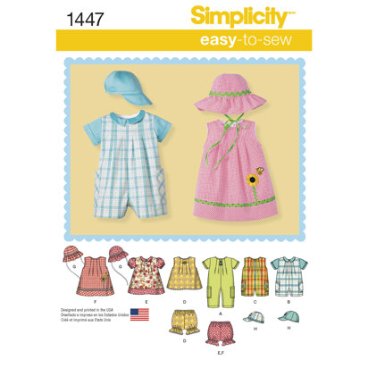 Simplicity Babies' Romper, Dress, Top, Panties and Hats 1447 - Paper Pattern, Size A (XXS-XS-S-M-L)