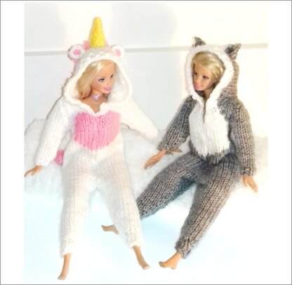 Unicorn & Cat onesie for Barbie, 11-12 doll Knitting pattern by