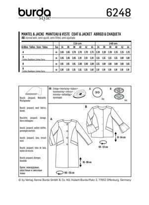 Burda Style Misses' Coat – Jacket – Collarless B6248 - Paper Pattern, Size 8-18