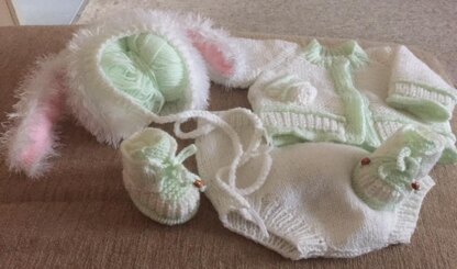 Bunny Outfit Cardi, Bonnet, Pants and Booties 0-6mths