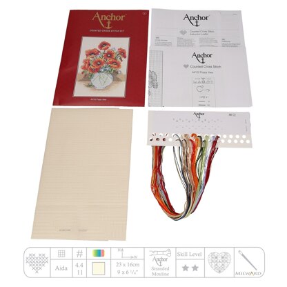Anchor XS Starters - Poppy Vase Cross Stitch Kit - 15cm x 15cm