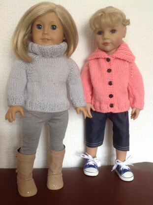 Roll collar coat and cardigan. 18" doll.