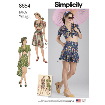 Simplicity 8654 Women's Vintage Skirt, Shorts and Tie Top - Sewing Pattern