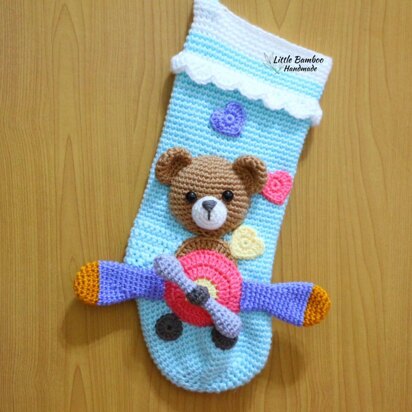 Bear On Aeroplane Christmas Stocking