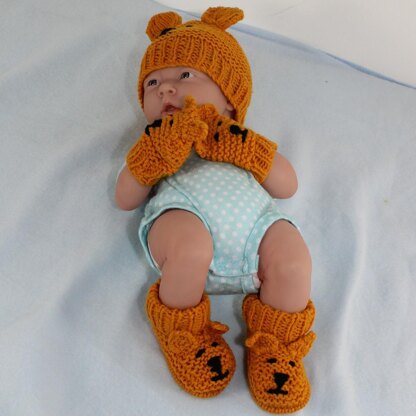 New Baby Teddy Bear Booties, Beanie & Mittens