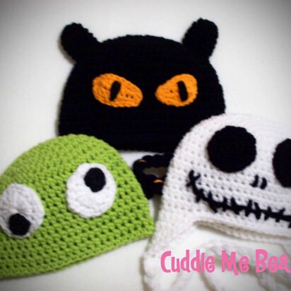 Halloween Cat, Skeleton, & Monster Beanie Set