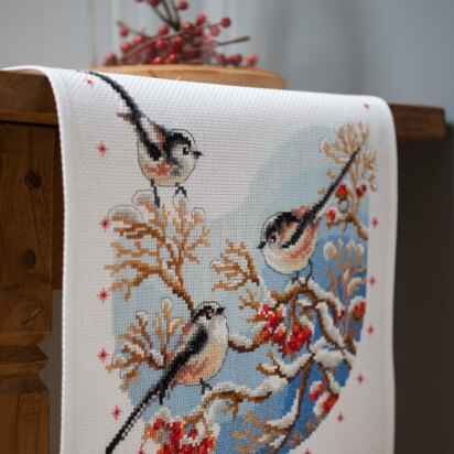 Vervaco Long-tailed Tits & Red Berry Tablerunner Cross Stitch Kit - 32cm x 84cm