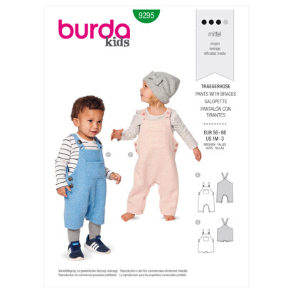 Burda Style Babies' Bibbed trousers or pants – Overalls with straps B9295 - Paper Pattern, Size 1M - 3