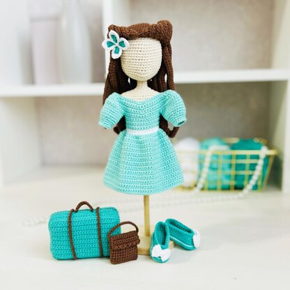 Amigurumi doll, crochet doll, doll clothes pattern, crochet doll clothes, doll dress, crochet doll suitcase