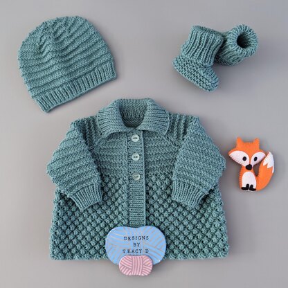 Kev Baby Knitting Pattern. Newborn Coat, Hat & Booties