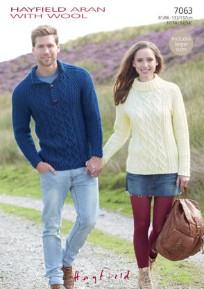 Cowl Neck and Stand Up Neck Sweaters in Hayfield Aran with Wool 100g - 7063 - Downloadable PDF