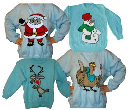 4 x Plus Size Christmas Jumper Knitting Patterns #17 Rudolph Santa Snowman Turkey