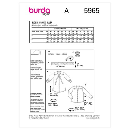 Burda Style Misses' Blouse with Shoulder Yoke and Stand Collar B5965 - Sewing Pattern