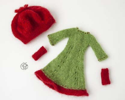 Pomegranate outfit for doll knitted flat