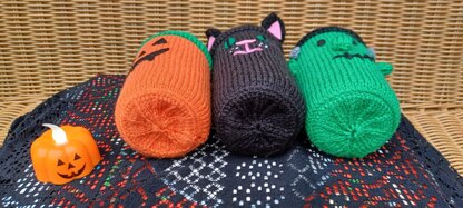 PDF Spooky DK Halloween knitting pattern Can Sleeve Koozie/Cosy Gift NOVELTY Treat Cup.  Pumpkin/Frankenstein/Witch's Cat