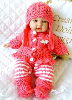 Dolls clothes knitting pattern for a 14-15 inch doll, frilled cardigan, leggings, Hat and Boots