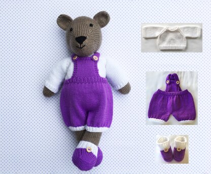 Billy teddy bear with purple outfit knitting pattern 19007