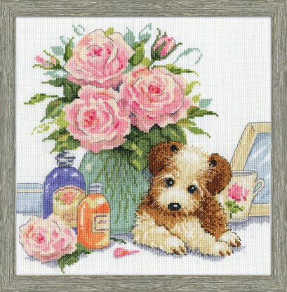 Design Works Puppy with Roses Cross Stitch Kit - 25cm x 25cm