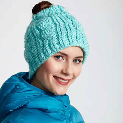 Twist Stitch Messy Bun Crochet Hat in Caron Simply Soft - Downloadable PDF