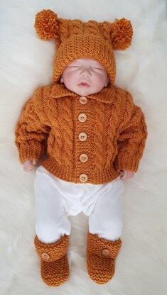 Brooklyn baby knitting pattern cardigan, hats and booties 0-3 mths & 6-12m