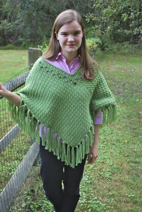 Tea Green Poncho with Beadwork