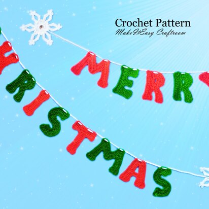 Crochet banner. Merry Christmas. Crochet letters and snowflakes. Festive wall decoration. Xmas garland