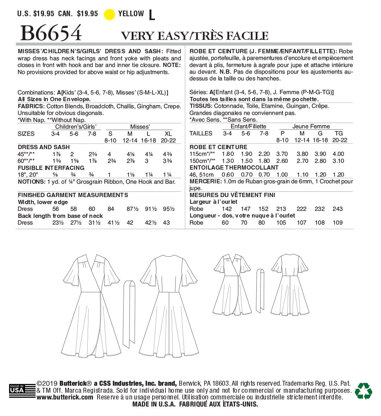 Butterick Kleid und Schärpe für Damen, Kinder und Damen B6654 - Schnittmuster