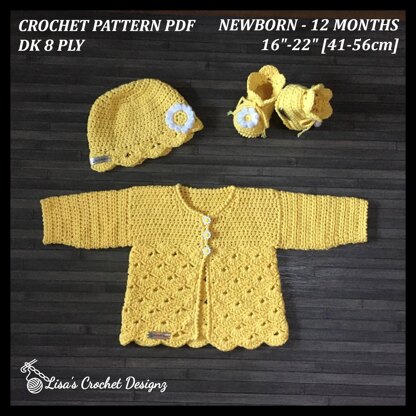 Daisy Baby Cardigan Hat and Booties Set