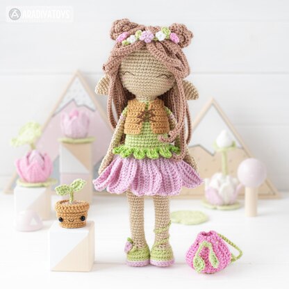 Amigurumi Crochet Doll Pattern LUNA with Kawaii Sprout by AradiyaToys (Olka Novytska) collection tutorial PDF file, elf crochet pattern doll dress fantasy kawaii