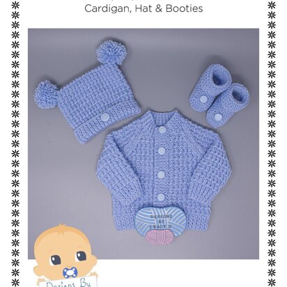 Rhys Baby Cardigan, Hat & Booties knitting pattern Unisex 0-12mths