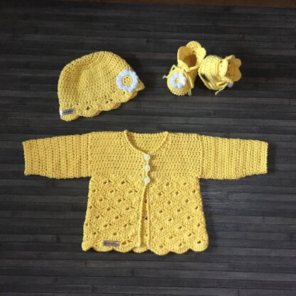 Daisy Baby Cardigan Hat and Booties Set