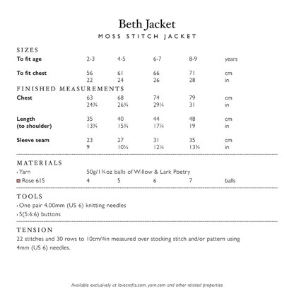 Beth Jacket - Knitting Pattern for Girls in Willow & Lark Poetry