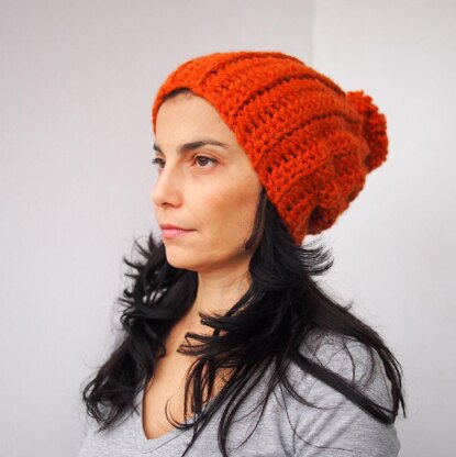 Knit look bulky hat with pom pom