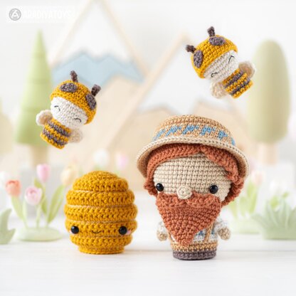 6-in-1 bee farm crochet pattern amigurumi by AradiyaToys mini kingdom beekeeper beehive basket of vegetables DIY handmade tutorial PDF file by AradiyaToys (Olka Novytska)
