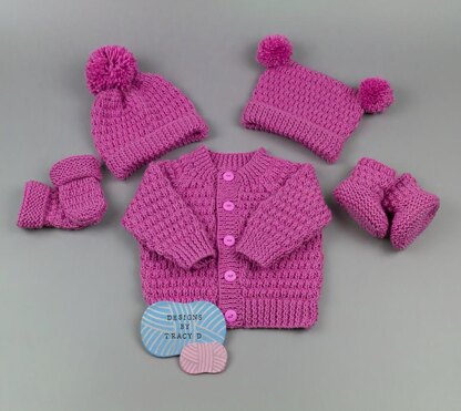 Calum Unisex Baby Knitting Pattern cardigan,hats, mitts and booties hats