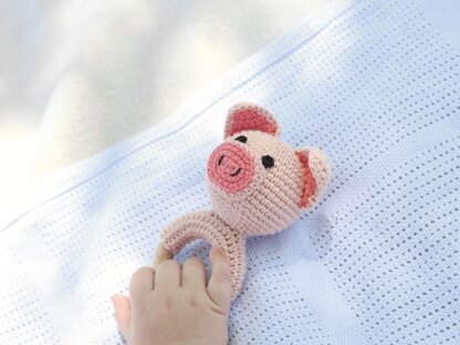 Pig crochet pattern baby rattle toy Amigurumi teether ring