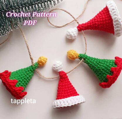 Mini Santa and Elf hats crochet pattern, Santa Claus hat ornament, crochet pattern Elf hat, Christmas tree ornament crochet mini hat garland