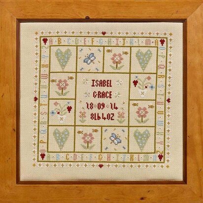Historical Sampler Company Four Hearts Birth Sampler Cross Stitch Kit - 25cm x 25cm
