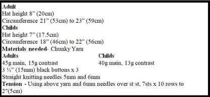 Knitting pattern fox hat for adult and child #494