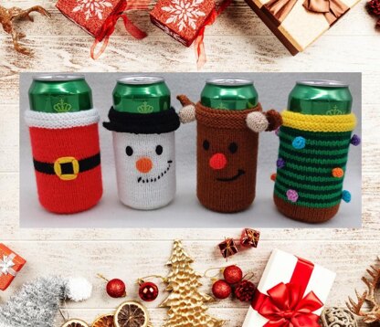 PDF Christmas DK knitting pattern - Can Sleeve Koozie/Cosy/Sleeve/Coozie - Easy to Follow Novelty Gift - Knitting-Xmas Reindeer Snowman Christmas Tree Santa