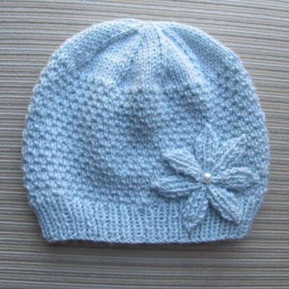 Blue Hat in Beads Stitch with a Knitted Flower in Size Adult