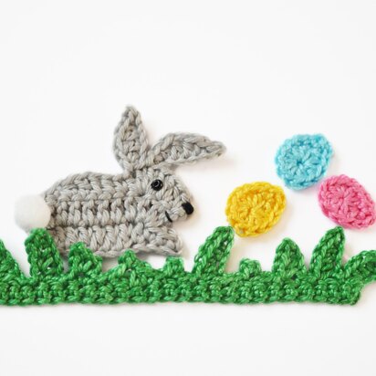 Bunny Applique. Rabbit on Grass. Crochet Spring Embellishment.