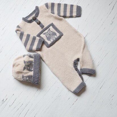 Lil Hoot, Onesie / romper with matching hat P084 - knitting pattern