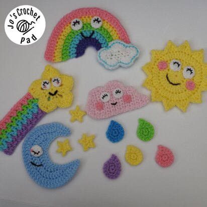 Sky Collection Applique/Embellishment Crochet * Rainbow, Shooting Star, Sun, Moon, & Rainbow Rain Cloud including free base square pattern
