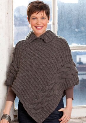 Cabled & Collared Poncho in Red Heart Shimmer Solids - LW2973