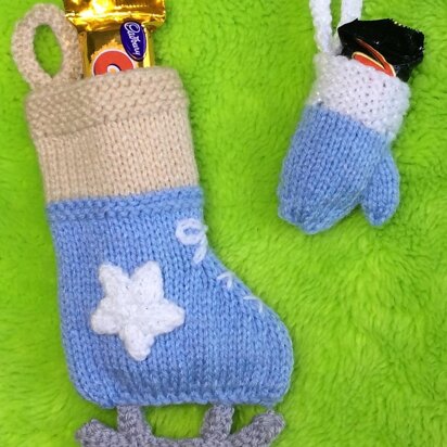 Ice Skate and Mitten Gift Bag and Choc Cover - knitting pattern