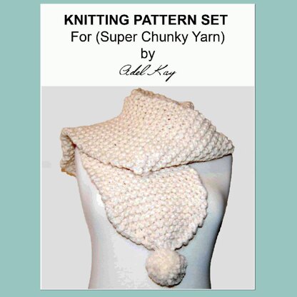 Pat Chunky Large Pom Pom Scarf Chunky Yarn Knitting Pattern by Adel Kay