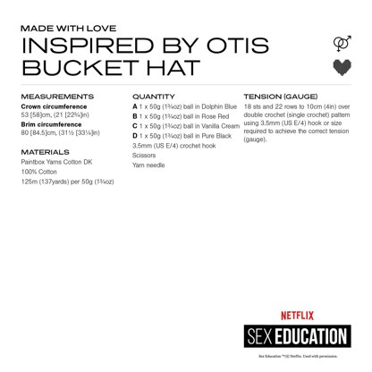Made with Love, Sex Education Inspired by Otis Bucket Hat - Crochet Pattern in Paintbox Yarns Cotton DK